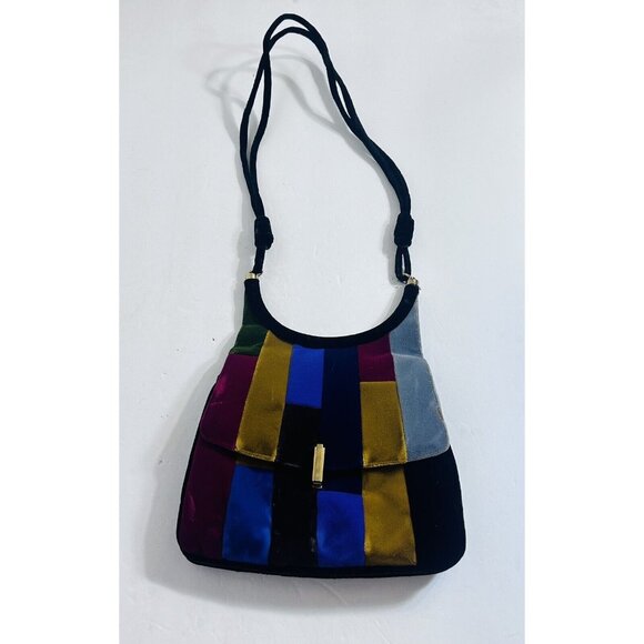 1960’s Lou Taylor Velvet Patchwork Purse Shoulder Bag Attached Mirror Retro Mod - Picture 1 of 10